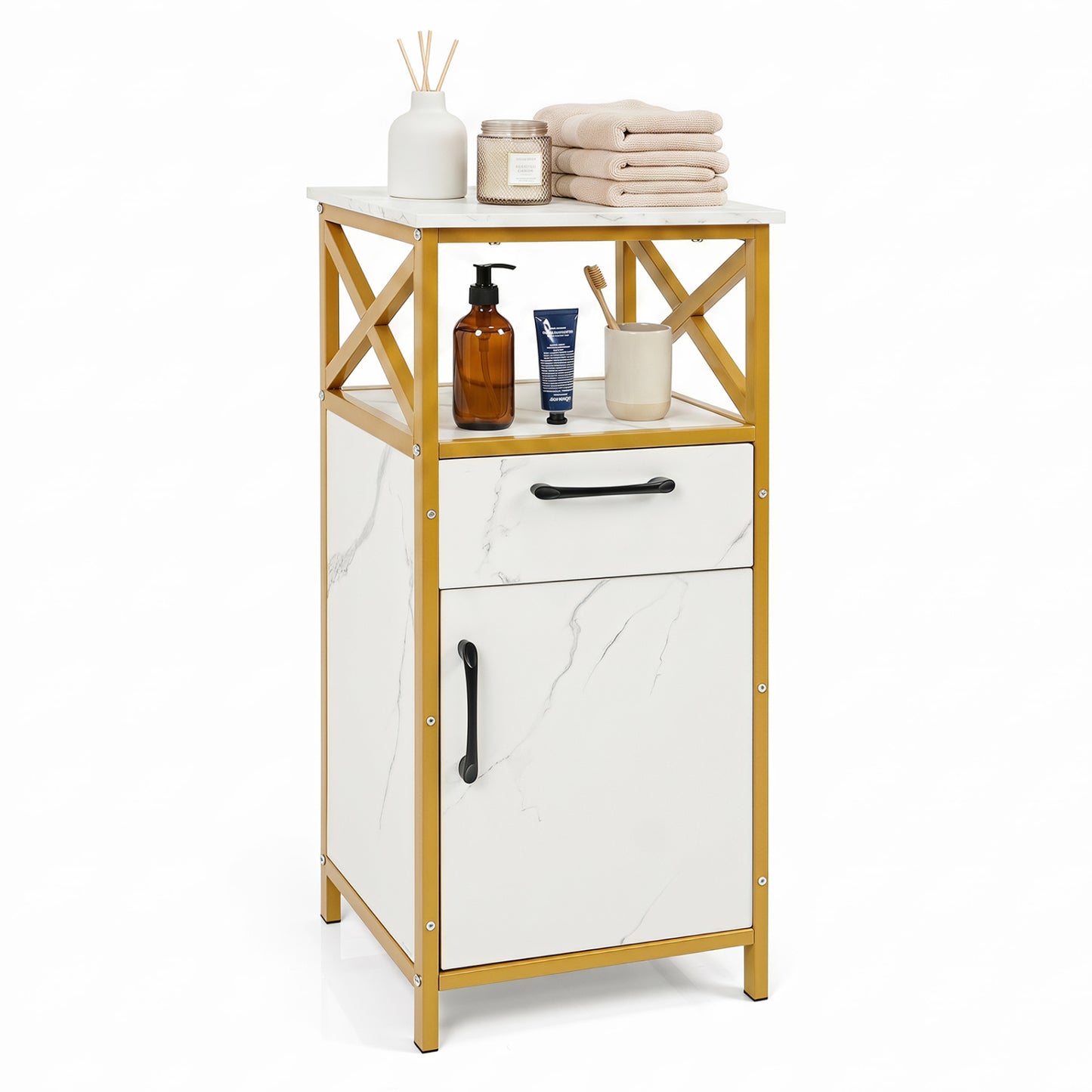 Armoire de rangement pour salle de bain, une porte, tiroir et étagère, blanc