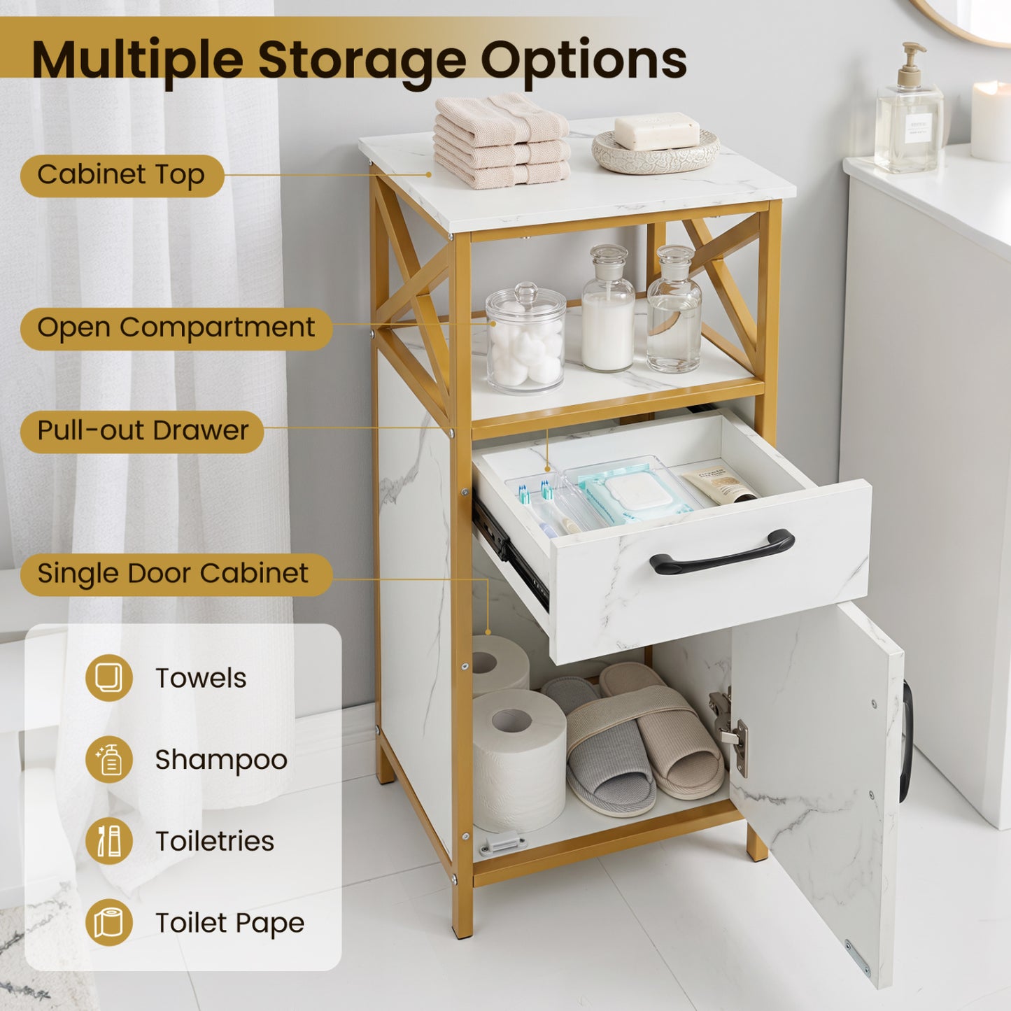 Armoire de rangement pour salle de bain, une porte, tiroir et étagère, blanc