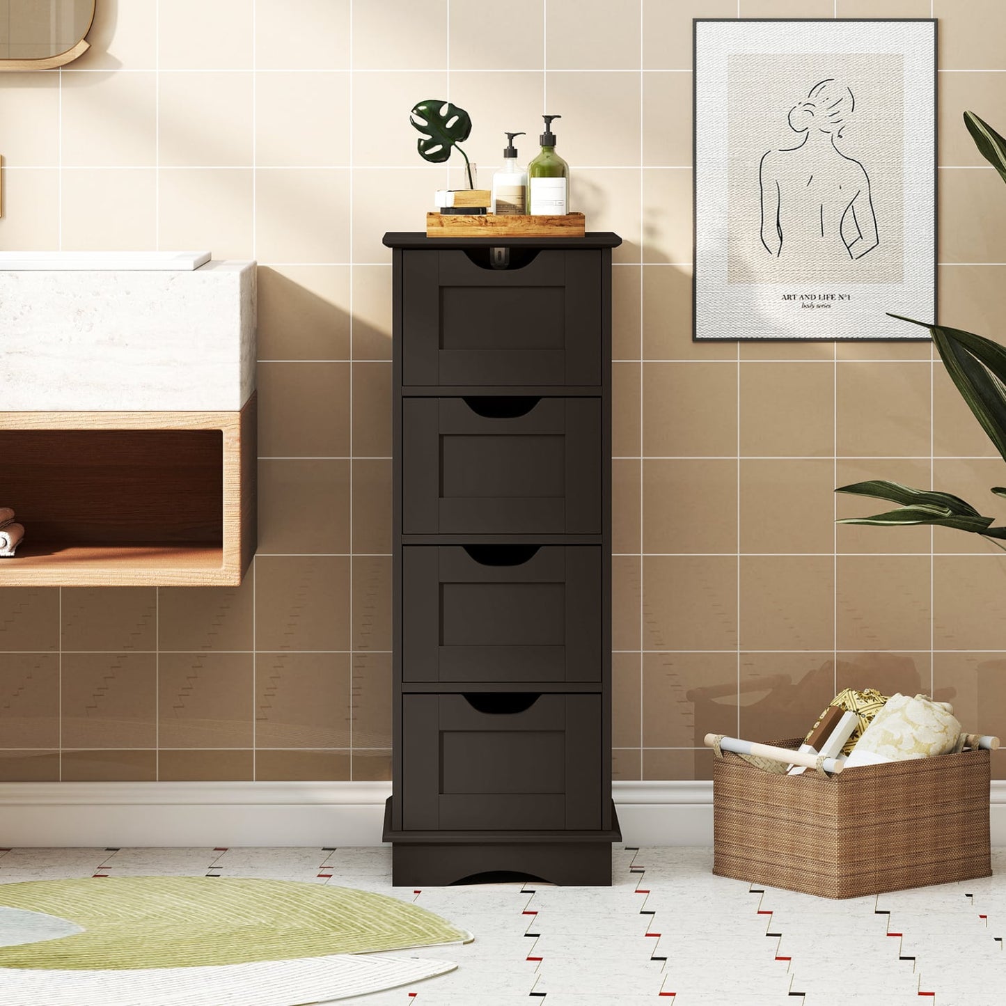 Armoire de rangement pour salle de bain, 4 tiroirs, marron
