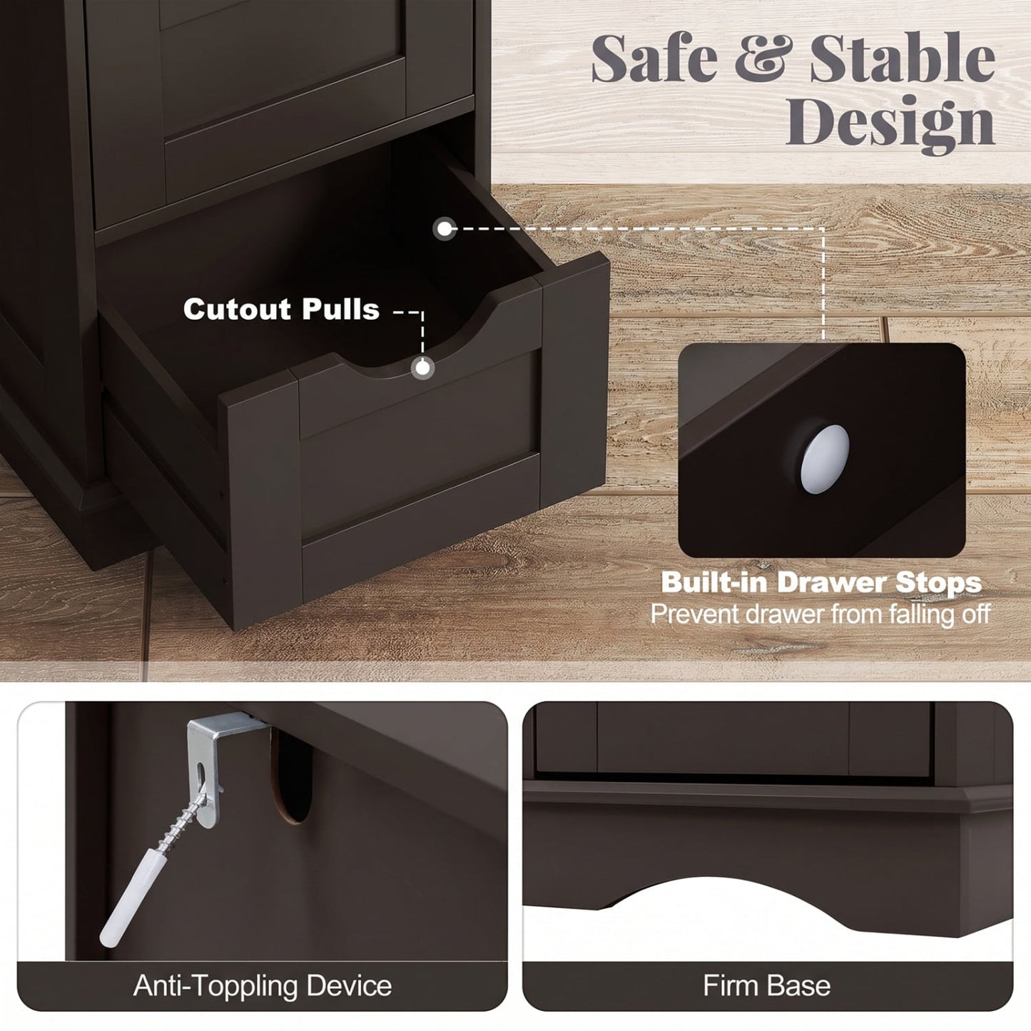 Armoire de rangement pour salle de bain, 4 tiroirs, marron