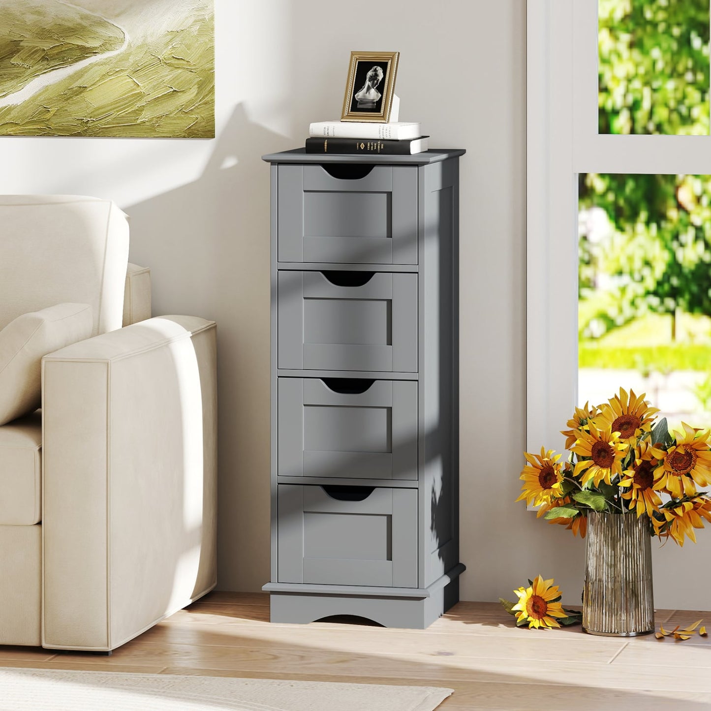 Armoire de rangement pour salle de bain, 4 tiroirs, grise