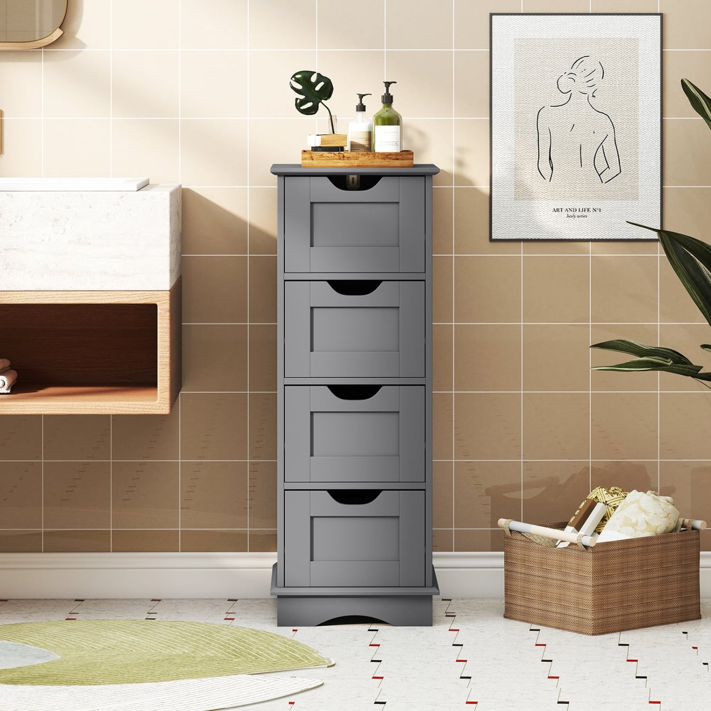 Armoire de rangement pour salle de bain, 4 tiroirs, grise
