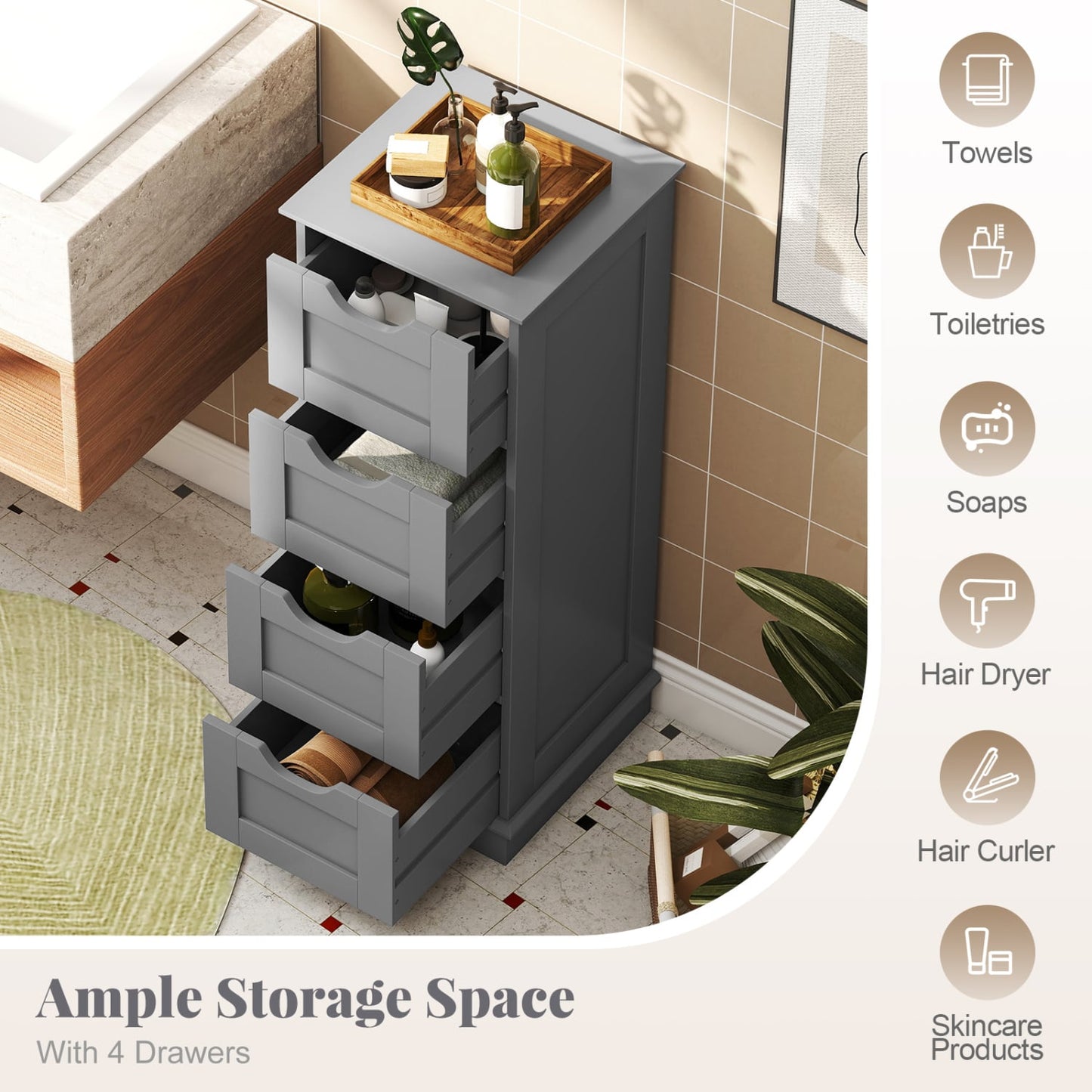 Armoire de rangement pour salle de bain, 4 tiroirs, grise