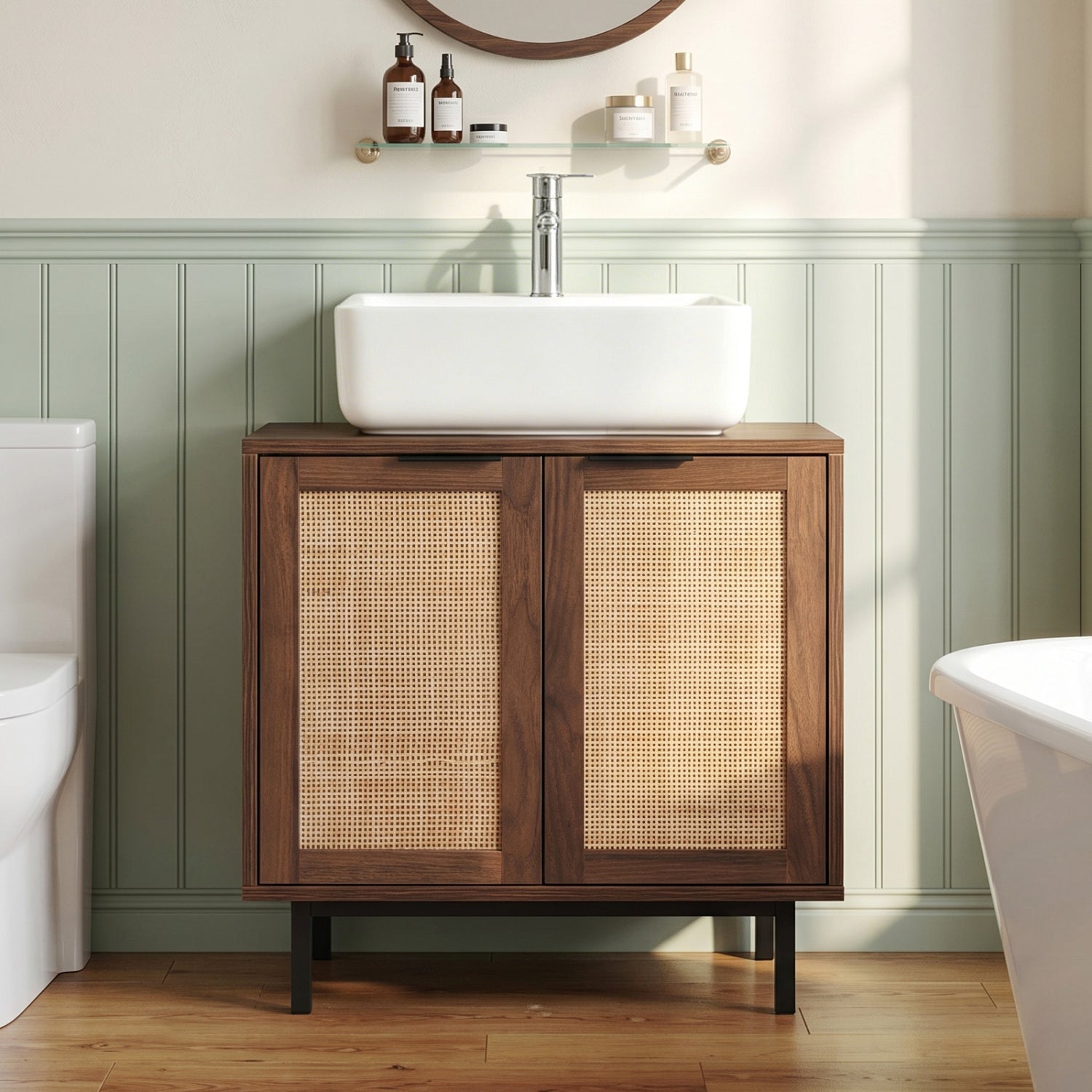 Bathroom Vanity Cabinet with U-Shaped Cut-Out 2 Rattan Doors and Shelf, Brown Floor Cabinets at Gallery Canada