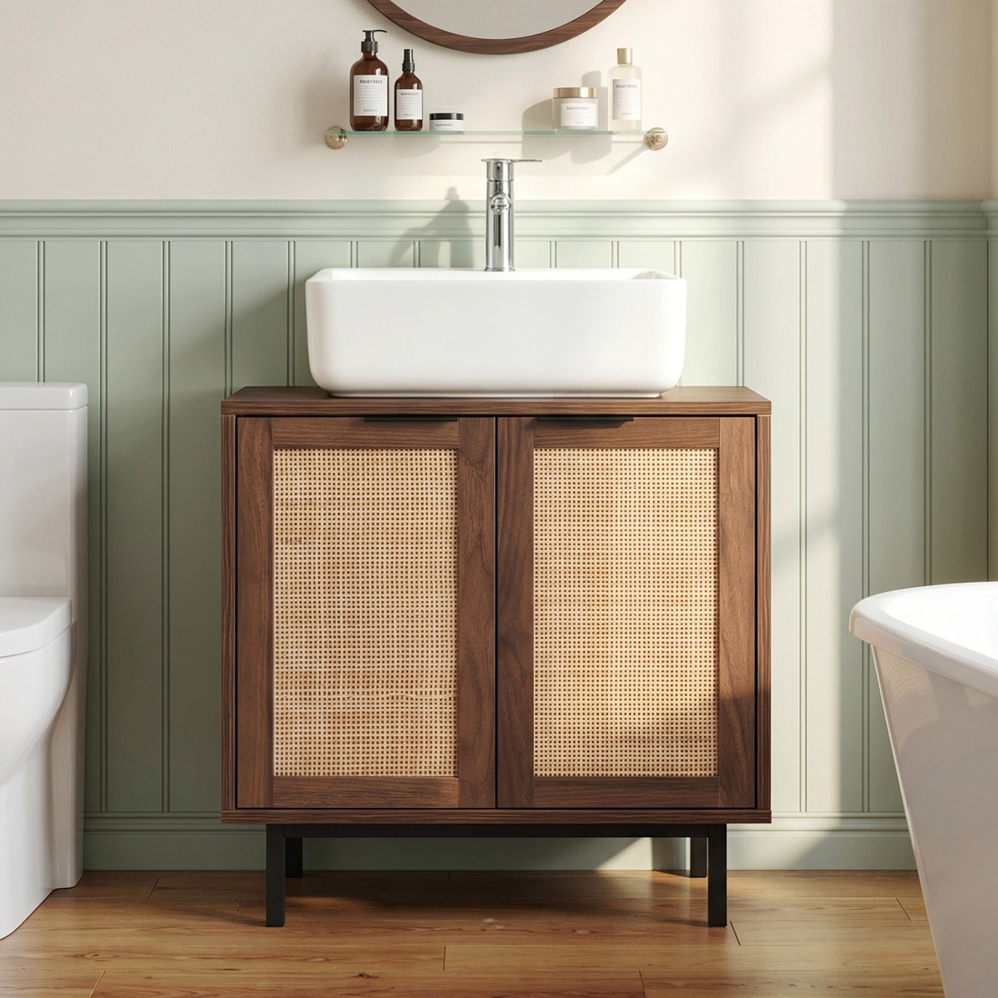 Bathroom Vanity Cabinet with U-Shaped Cut-Out 2 Rattan Doors and Shelf, Brown Floor Cabinets at Gallery Canada