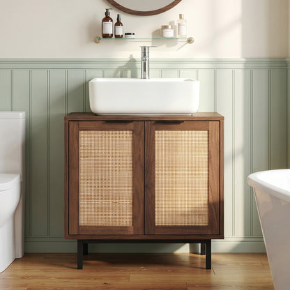 Bathroom Vanity Cabinet with U-Shaped Cut-Out 2 Rattan Doors and Shelf, Brown Floor Cabinets at Gallery Canada