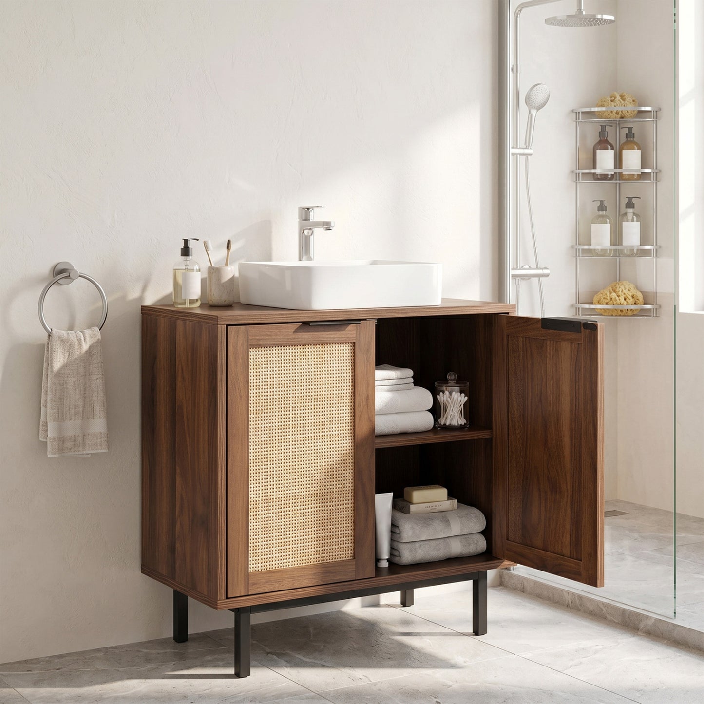 Bathroom Vanity Cabinet with U-Shaped Cut-Out 2 Rattan Doors and Shelf, Brown Floor Cabinets at Gallery Canada
