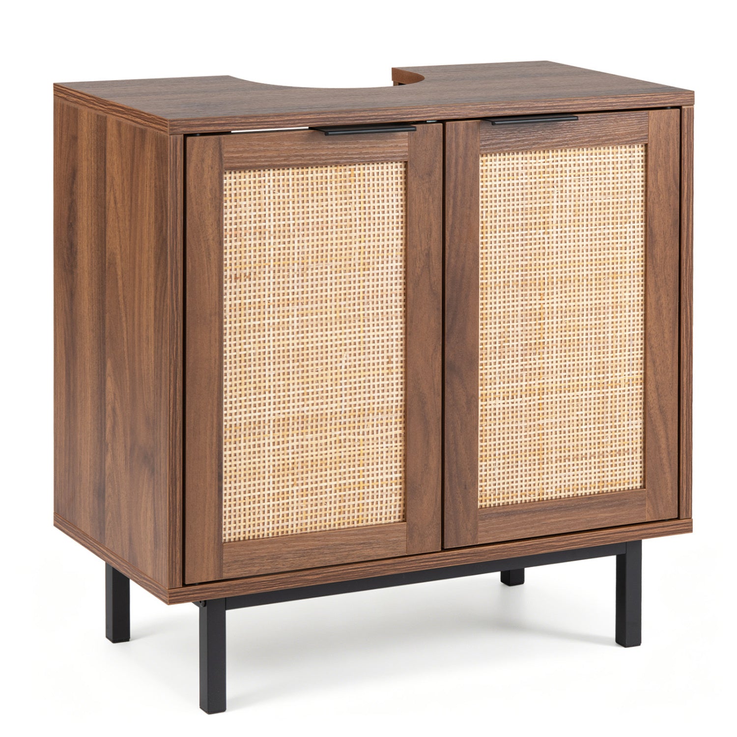 Bathroom Vanity Cabinet with U-Shaped Cut-Out 2 Rattan Doors and Shelf, Brown Floor Cabinets Brown at Gallery Canada