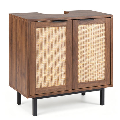 Bathroom Vanity Cabinet with U-Shaped Cut-Out 2 Rattan Doors and Shelf, Brown Floor Cabinets Brown at Gallery Canada