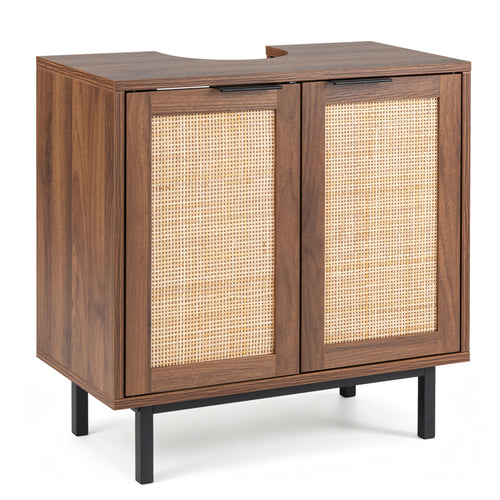 Bathroom Vanity Cabinet with U-Shaped Cut-Out 2 Rattan Doors and Shelf, Brown
