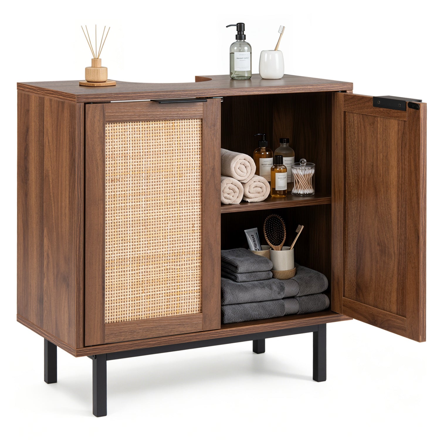 Bathroom Vanity Cabinet with U-Shaped Cut-Out 2 Rattan Doors and Shelf, Brown Floor Cabinets at Gallery Canada