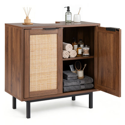 Bathroom Vanity Cabinet with U-Shaped Cut-Out 2 Rattan Doors and Shelf, Brown Floor Cabinets at Gallery Canada