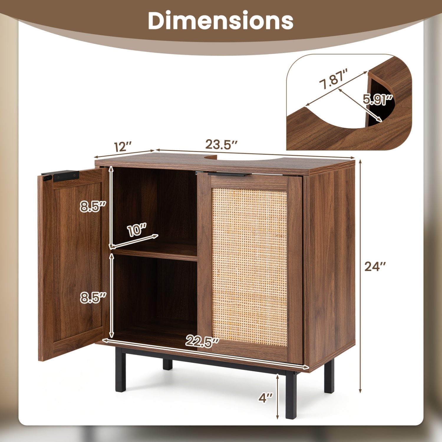 Bathroom Vanity Cabinet with U-Shaped Cut-Out 2 Rattan Doors and Shelf, Brown Floor Cabinets at Gallery Canada