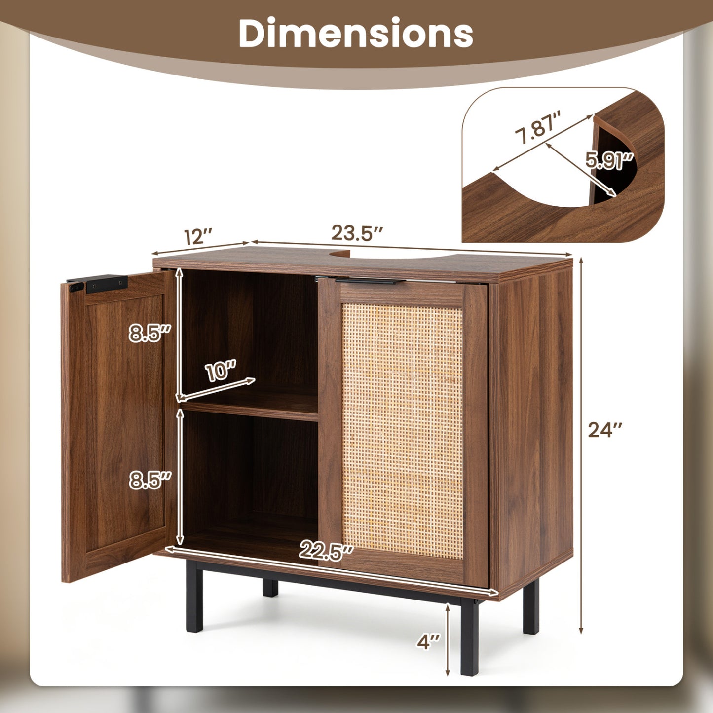 Bathroom Vanity Cabinet with U-Shaped Cut-Out 2 Rattan Doors and Shelf, Brown Floor Cabinets at Gallery Canada