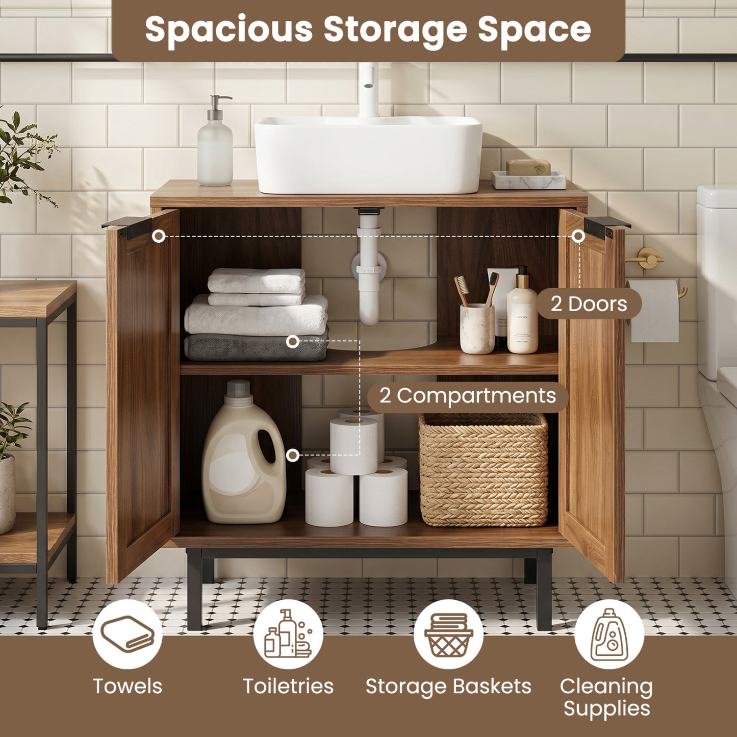 Bathroom Vanity Cabinet with U-Shaped Cut-Out 2 Rattan Doors and Shelf, Brown Floor Cabinets at Gallery Canada