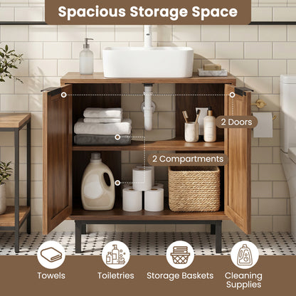 Bathroom Vanity Cabinet with U-Shaped Cut-Out 2 Rattan Doors and Shelf, Brown Floor Cabinets at Gallery Canada