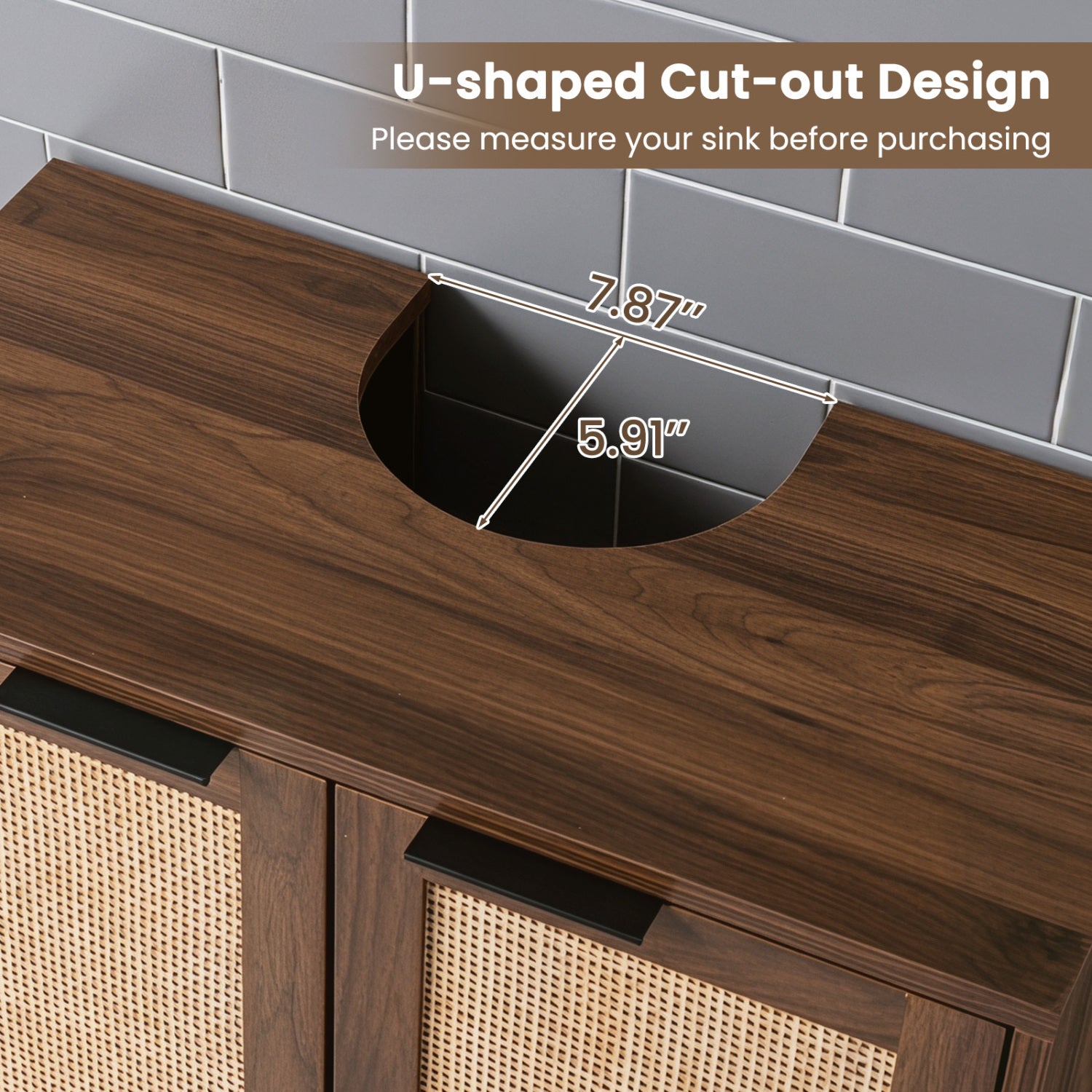 Bathroom Vanity Cabinet with U-Shaped Cut-Out 2 Rattan Doors and Shelf, Brown Floor Cabinets at Gallery Canada