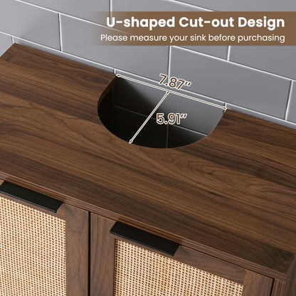 Bathroom Vanity Cabinet with U-Shaped Cut-Out 2 Rattan Doors and Shelf, Brown Floor Cabinets at Gallery Canada