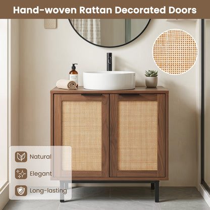 Bathroom Vanity Cabinet with U-Shaped Cut-Out 2 Rattan Doors and Shelf, Brown Floor Cabinets at Gallery Canada