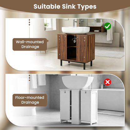 Bathroom Vanity Cabinet with U-Shaped Cut-Out 2 Rattan Doors and Shelf, Brown Floor Cabinets at Gallery Canada