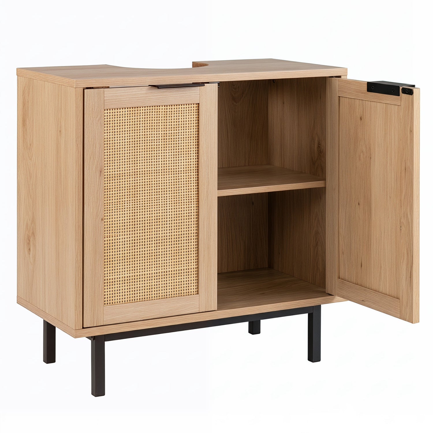 Bathroom Vanity Cabinet with U-Shaped Cut-Out 2 Rattan Doors and Shelf, Natural Floor Cabinets Natural at Gallery Canada