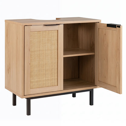 Bathroom Vanity Cabinet with U-Shaped Cut-Out 2 Rattan Doors and Shelf, Natural Floor Cabinets Natural at Gallery Canada