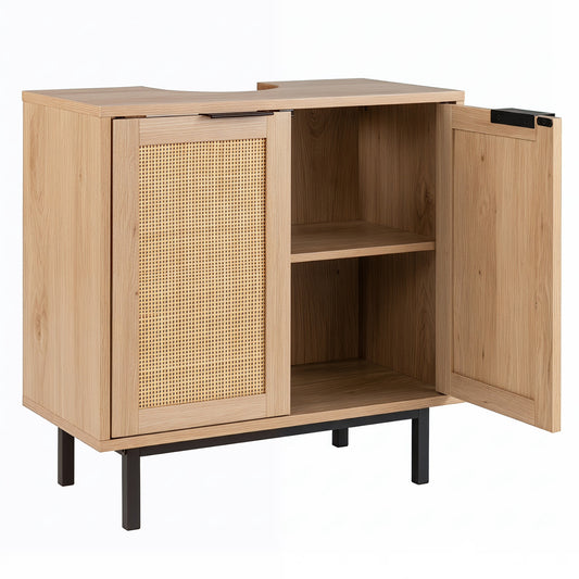 Bathroom Vanity Cabinet with U-Shaped Cut-Out 2 Rattan Doors and Shelf, Natural Floor Cabinets Natural at Gallery Canada