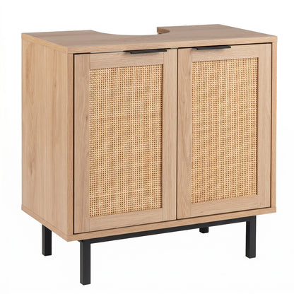 Bathroom Vanity Cabinet with U-Shaped Cut-Out 2 Rattan Doors and Shelf, Natural Floor Cabinets at Gallery Canada
