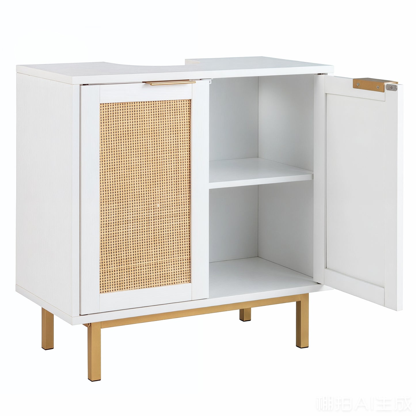 Bathroom Vanity Cabinet with U-Shaped Cut-Out 2 Rattan Doors and Shelf, White Floor Cabinets White at Gallery Canada
