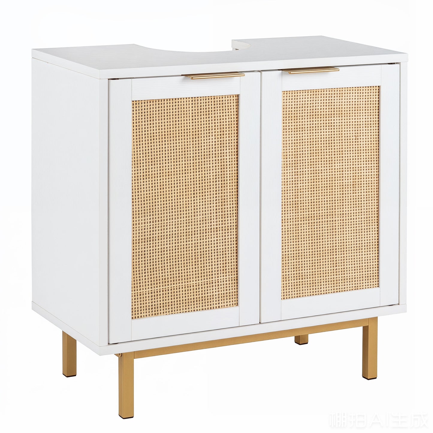 Bathroom Vanity Cabinet with U-Shaped Cut-Out 2 Rattan Doors and Shelf, White Floor Cabinets at Gallery Canada