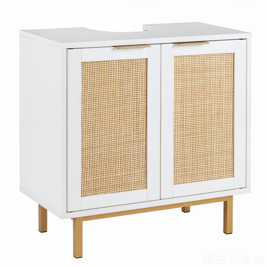 Bathroom Vanity Cabinet with U-Shaped Cut-Out 2 Rattan Doors and Shelf, White Floor Cabinets White at Gallery Canada