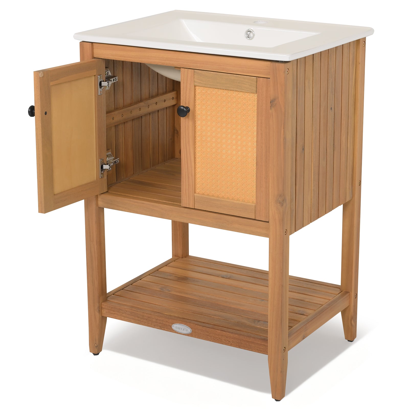 Bathroom Vanity with Ceramic Sink 2 Rattan Doors and Slatted Shelf Floor Cabinets at Gallery Canada