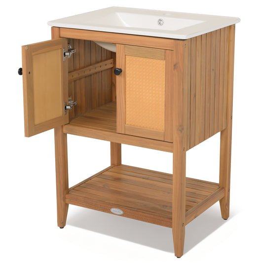 Bathroom Vanity with Ceramic Sink 2 Rattan Doors and Slatted Shelf Floor Cabinets Options at Gallery Canada