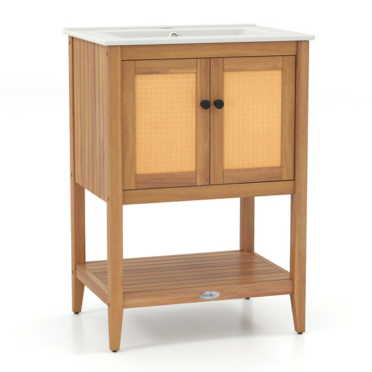 Bathroom Vanity with Ceramic Sink 2 Rattan Doors and Slatted Shelf Floor Cabinets Options at Gallery Canada