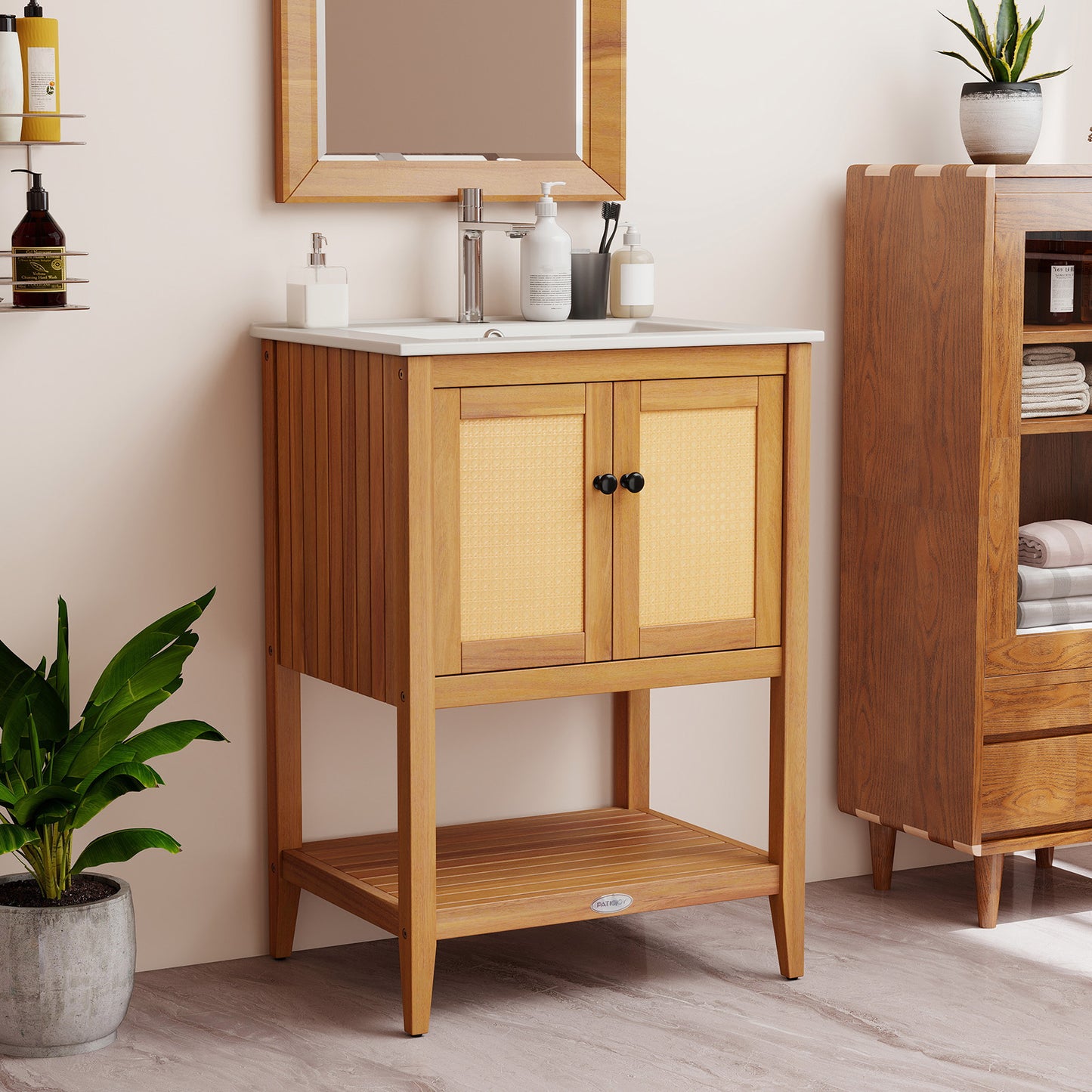 Bathroom Vanity with Ceramic Sink 2 Rattan Doors and Slatted Shelf Floor Cabinets at Gallery Canada