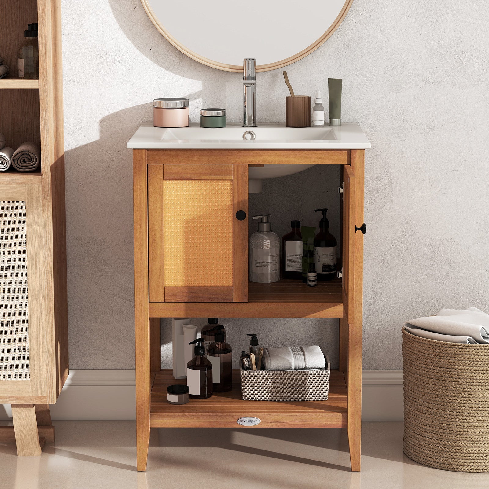 Bathroom Vanity with Ceramic Sink 2 Rattan Doors and Slatted Shelf Floor Cabinets at Gallery Canada
