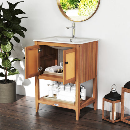 Bathroom Vanity with Ceramic Sink 2 Rattan Doors and Slatted Shelf Floor Cabinets at Gallery Canada