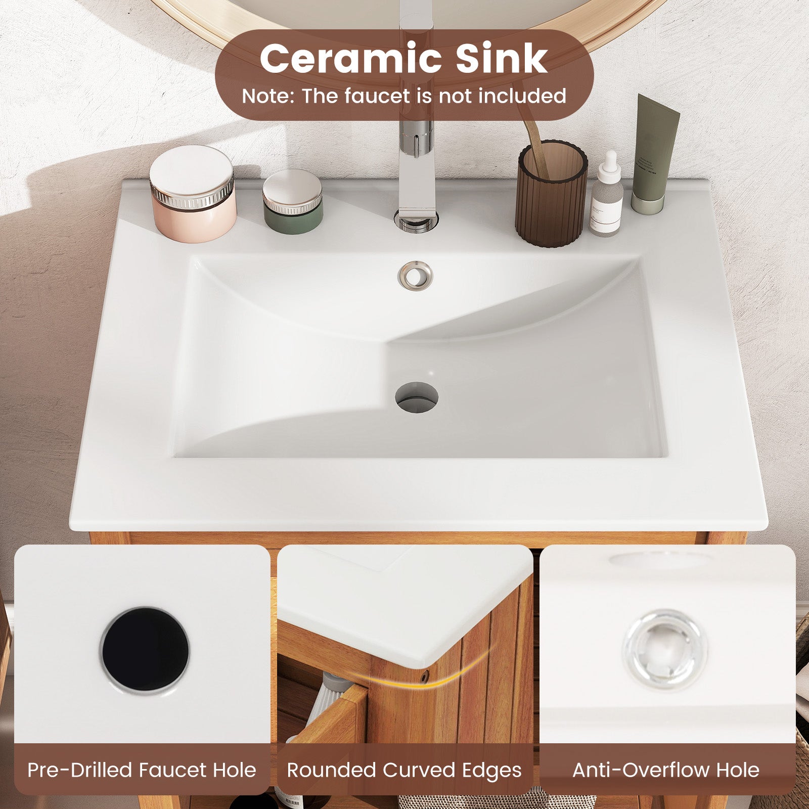 Bathroom Vanity with Ceramic Sink 2 Rattan Doors and Slatted Shelf Floor Cabinets at Gallery Canada