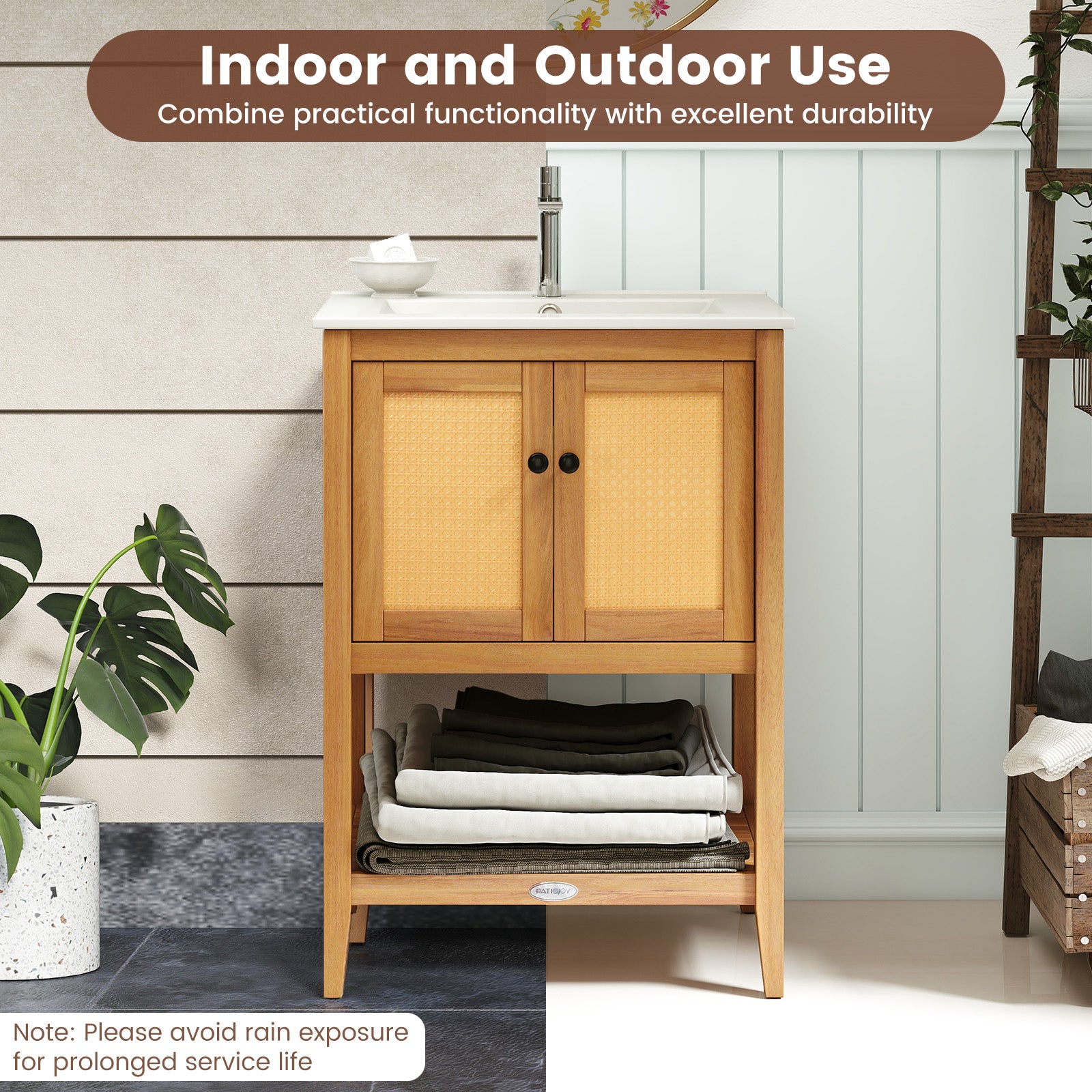 Bathroom Vanity with Ceramic Sink 2 Rattan Doors and Slatted Shelf Floor Cabinets at Gallery Canada