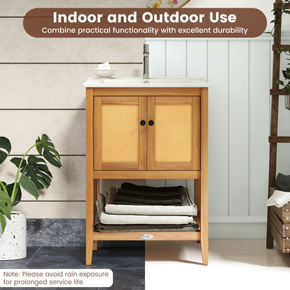 Bathroom Vanity with Ceramic Sink 2 Rattan Doors and Slatted Shelf Floor Cabinets at Gallery Canada