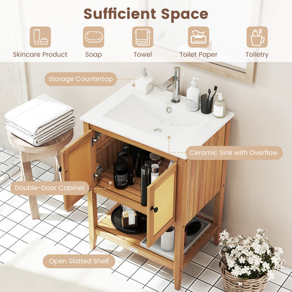 Bathroom Vanity with Ceramic Sink 2 Rattan Doors and Slatted Shelf Floor Cabinets at Gallery Canada