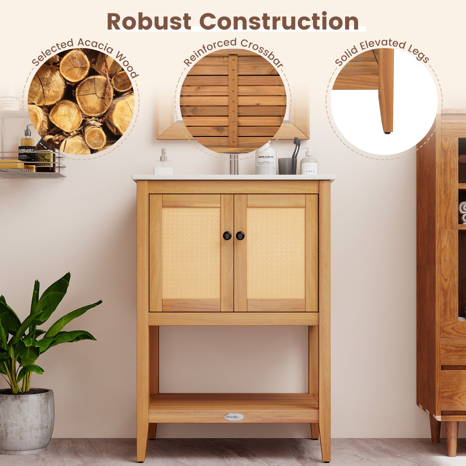 Bathroom Vanity with Ceramic Sink 2 Rattan Doors and Slatted Shelf Floor Cabinets at Gallery Canada