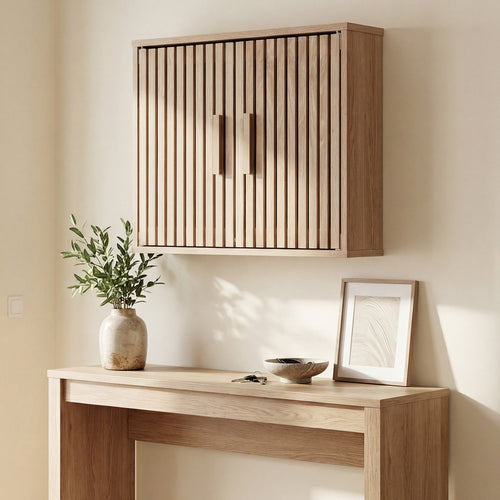 Bathroom Wall Cabinet, 2 Slatted Doors, 3 Adjustable Shelves, Natural