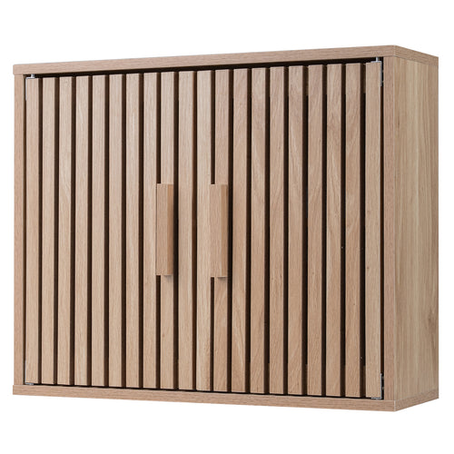 Bathroom Wall Cabinet, 2 Slatted Doors, 3 Adjustable Shelves, Natural