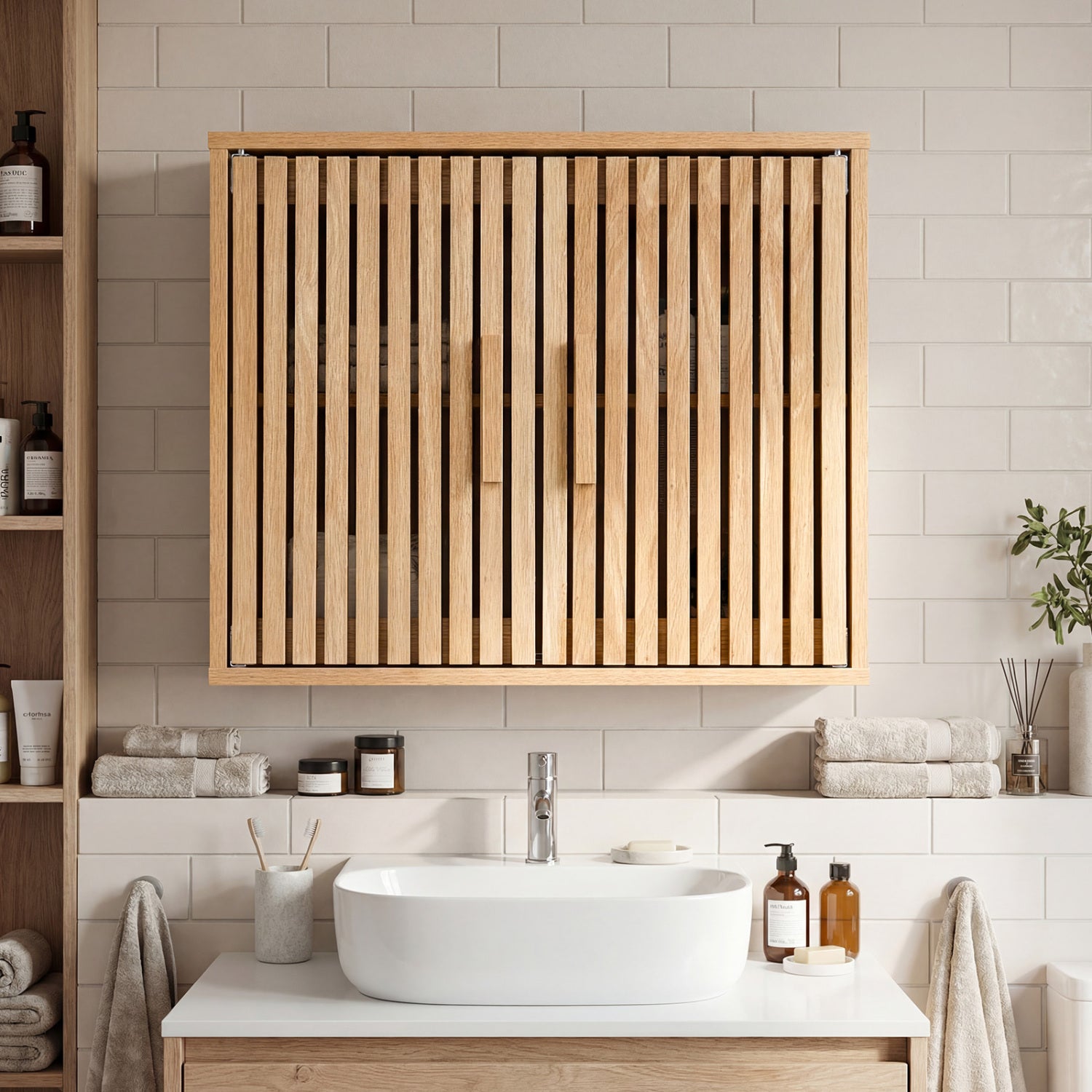 Bathroom Wall Cabinet, 2 Slatted Doors, 3 Adjustable Shelves, Natural Wall Cabinets at Gallery Canada