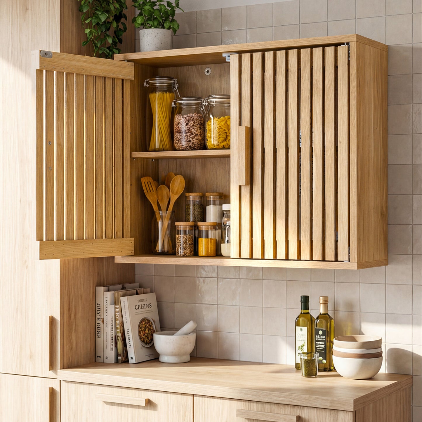 Bathroom Wall Cabinet, 2 Slatted Doors, 3 Adjustable Shelves, Natural Wall Cabinets at Gallery Canada