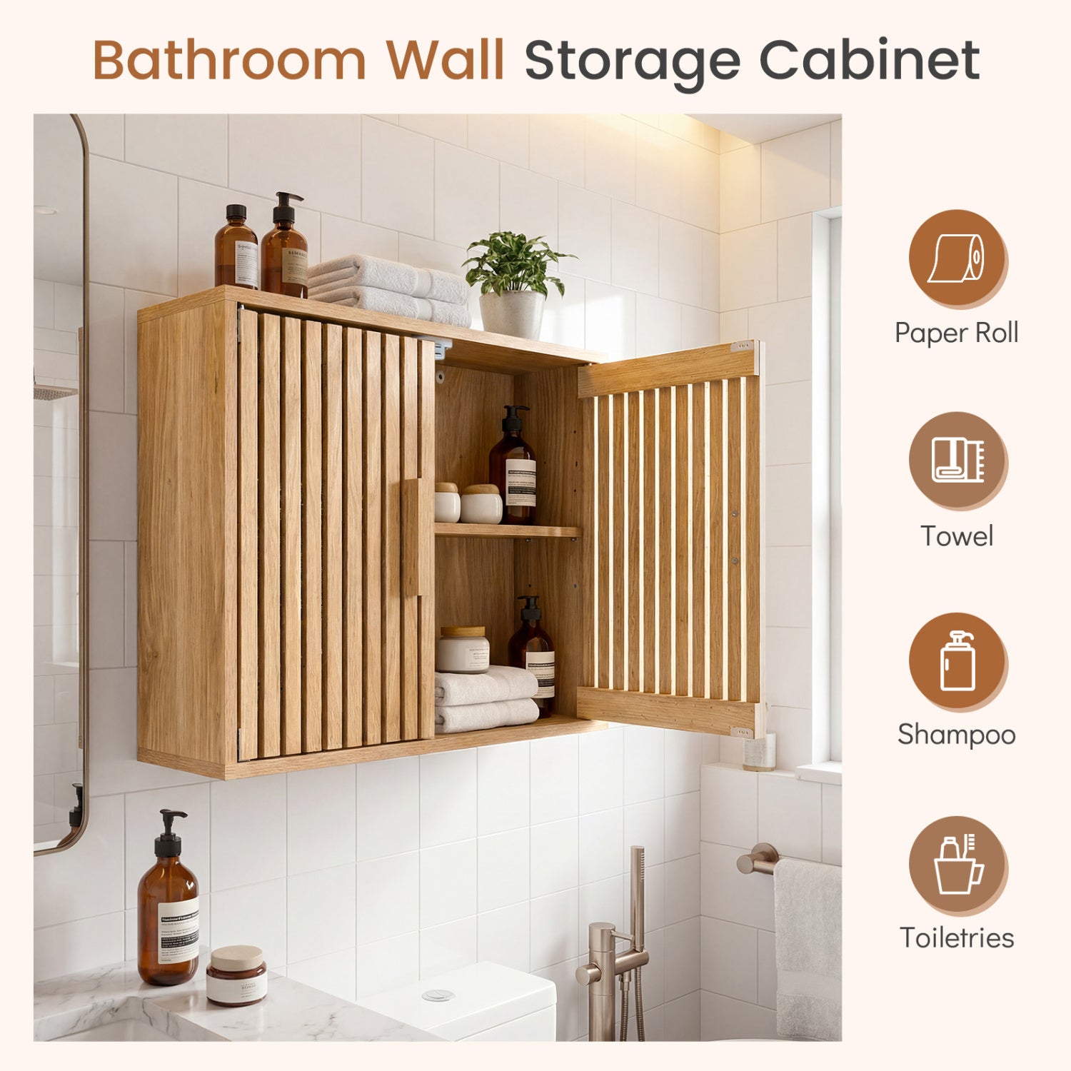Bathroom Wall Cabinet, 2 Slatted Doors, 3 Adjustable Shelves, Natural Wall Cabinets at Gallery Canada