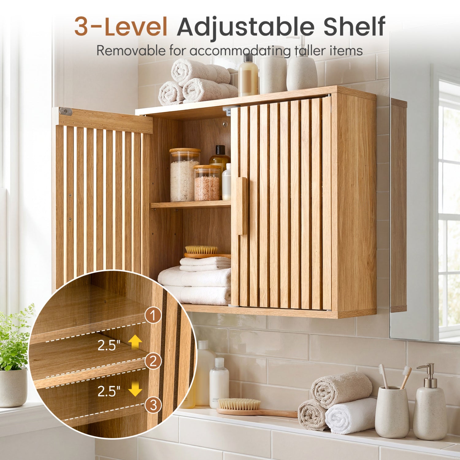 Bathroom Wall Cabinet, 2 Slatted Doors, 3 Adjustable Shelves, Natural Wall Cabinets at Gallery Canada