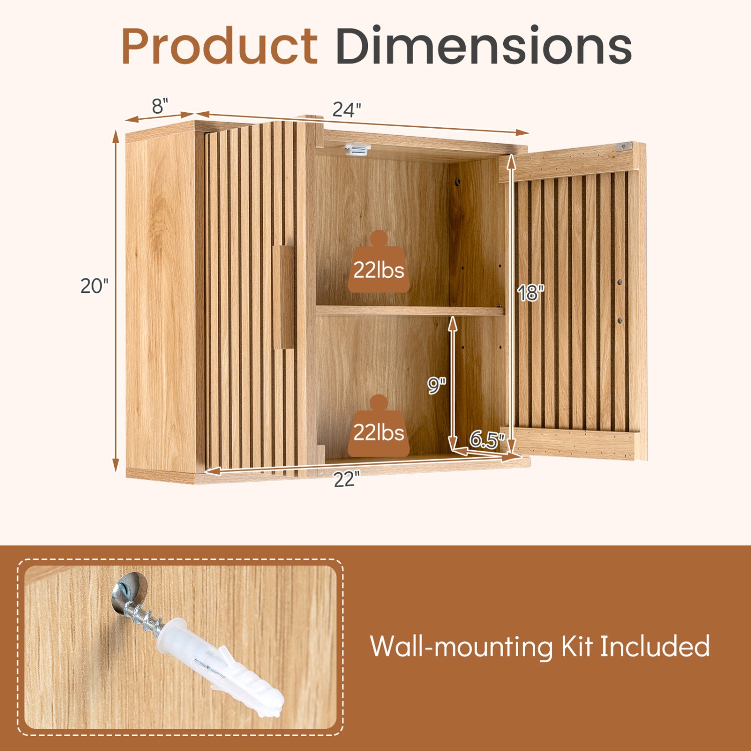 Bathroom Wall Cabinet, 2 Slatted Doors, 3 Adjustable Shelves, Natural Wall Cabinets at Gallery Canada