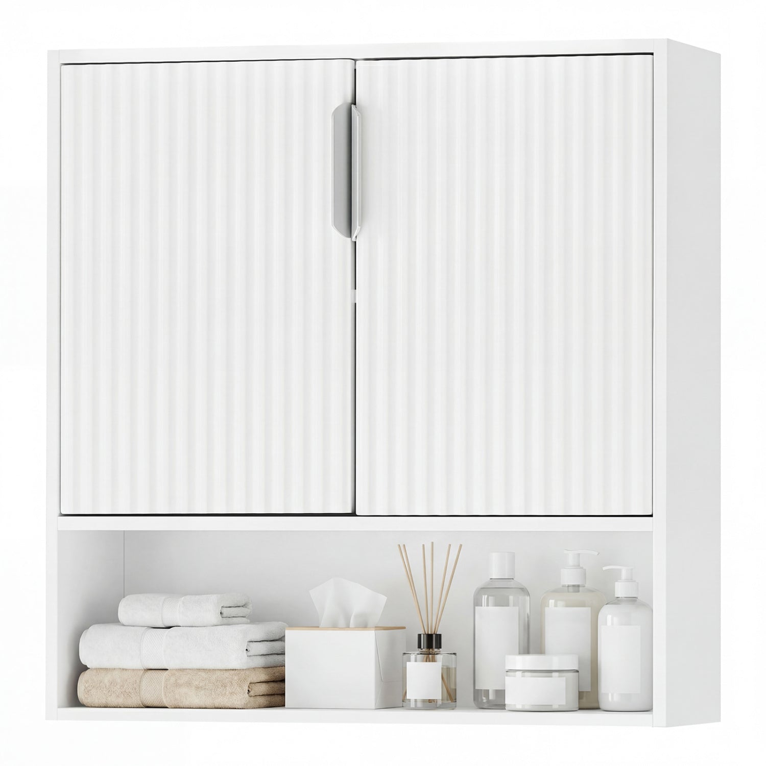 Bathroom Wall Cabinet, 2 Fluted Doors, Open Cube, Adjustable Shelf, White Wall Cabinets White at Gallery Canada